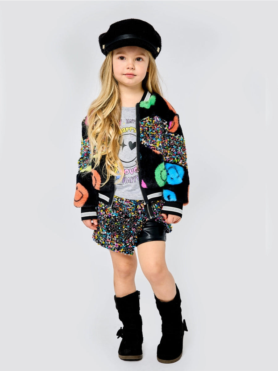 SMILEY FACE AND SEQUIN FRINGE FAUX FUR BOMBER JACKET - JACKETS
