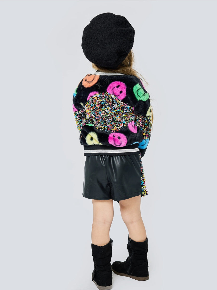 SMILEY FACE AND SEQUIN FRINGE FAUX FUR BOMBER JACKET - JACKETS
