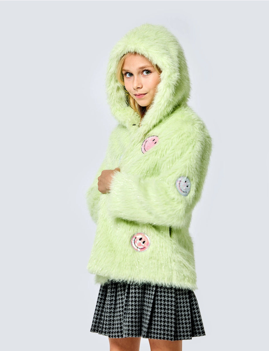 SMILEY FACE HOODED FAUX FUR COAT - JACKETS