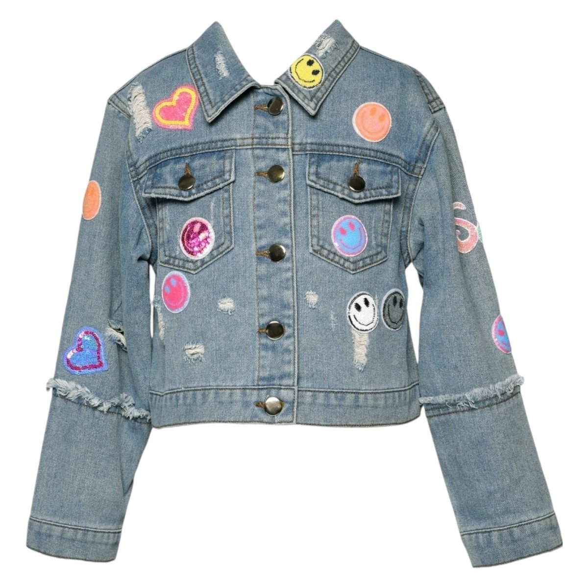 Smiley Face Patched Denim Jacket | Sara Sara