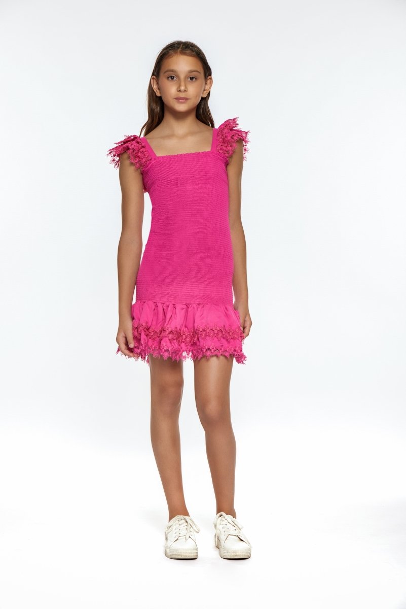 BELLE SMOCKED LACE TRIM DRESS - DRESSES