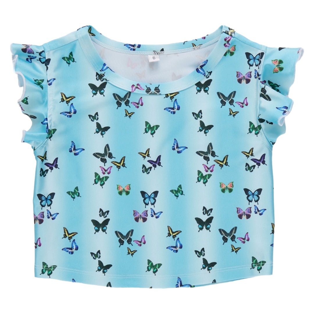 BUTTERFLY RUFFLE SLEEVE CROP TOP - SHORT SLEEVE TOPS