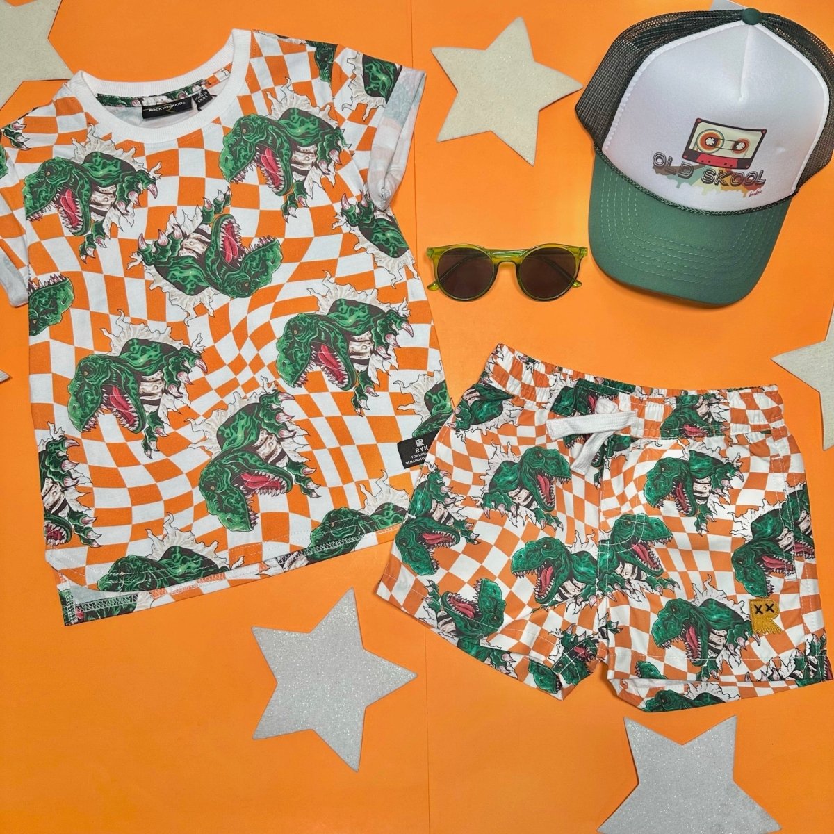 CHECKERED DINO SWIM TRUNKS - SWIM TRUNKS