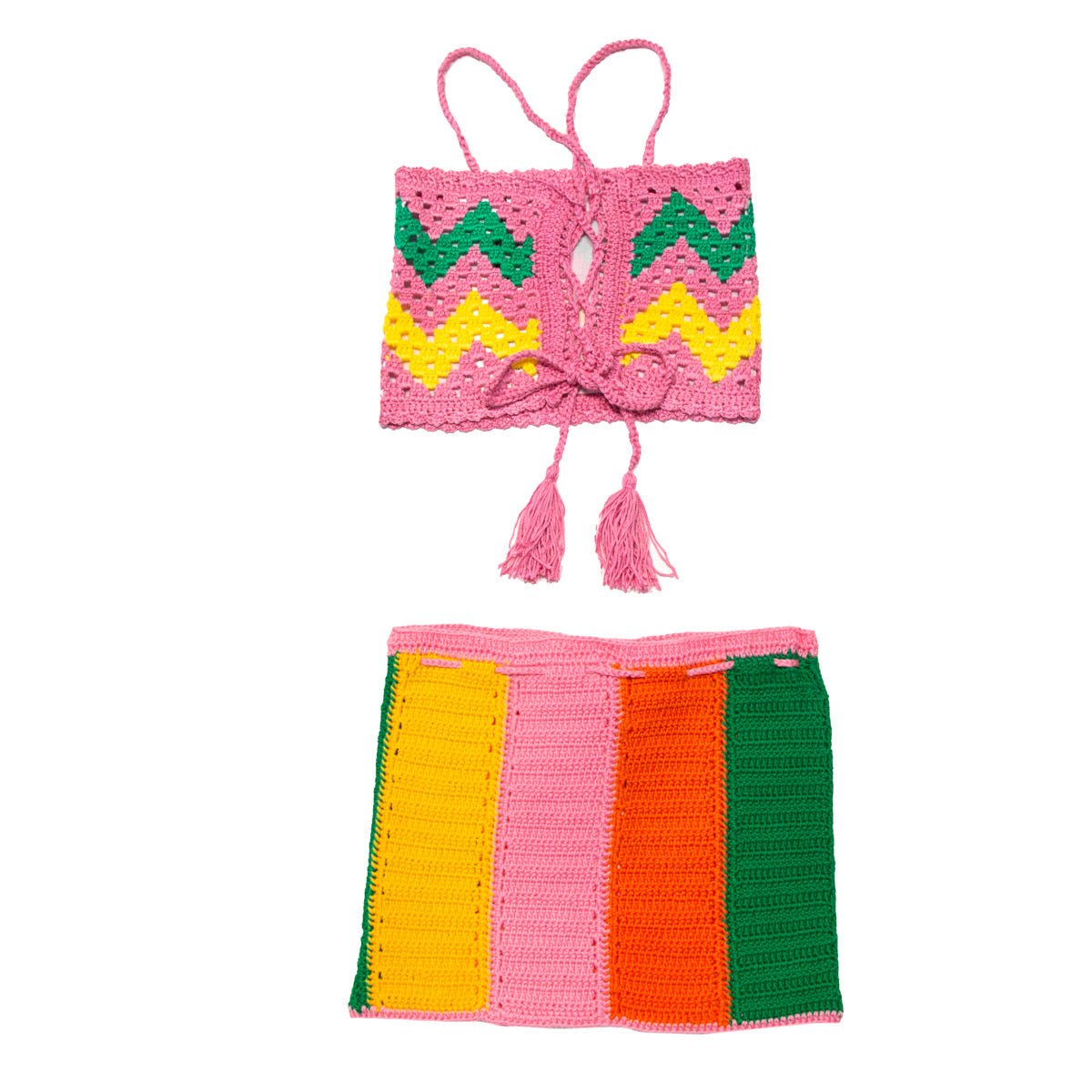 COLOR BLOCK CROCHET TOP AND SKIRT SET - SET