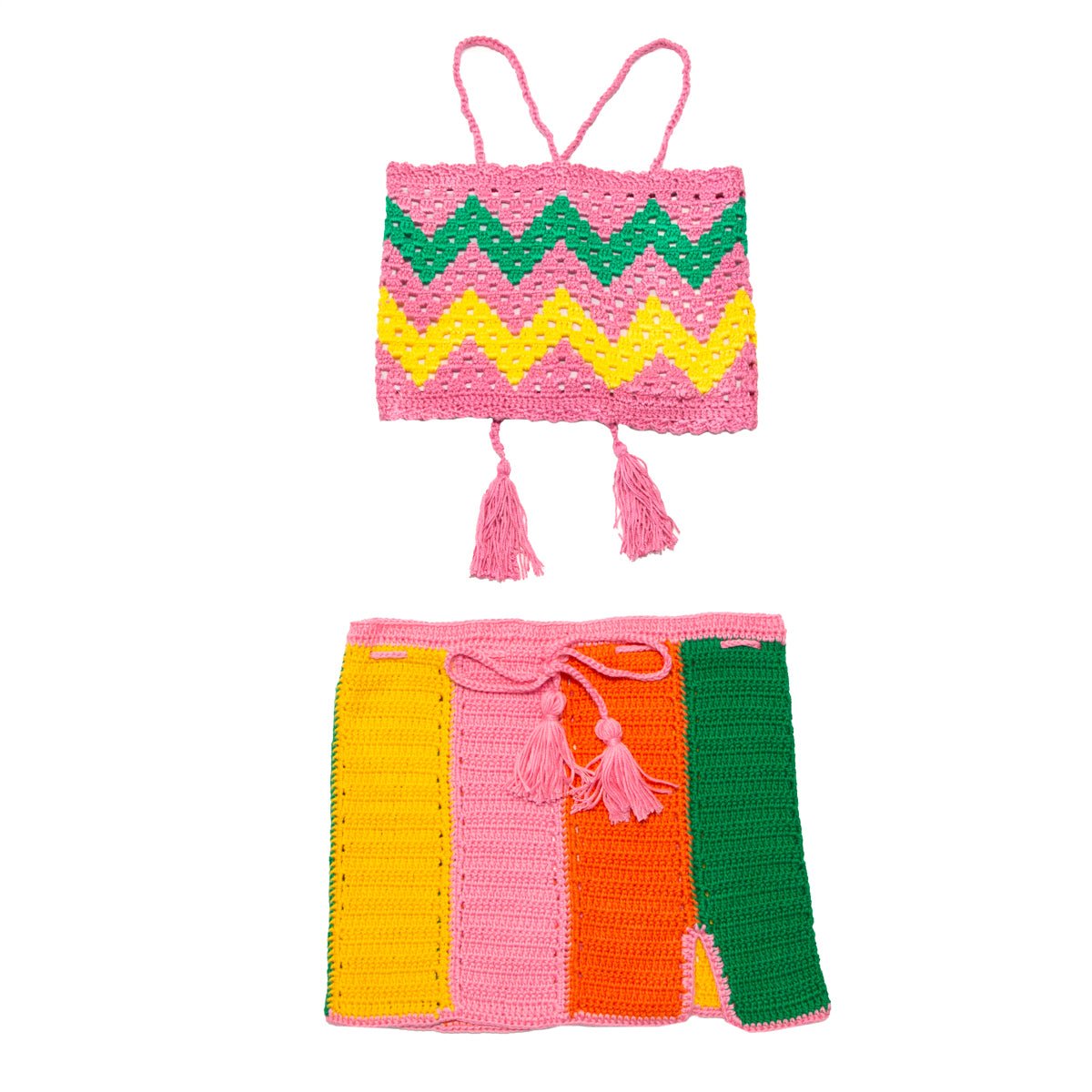COLOR BLOCK CROCHET TOP AND SKIRT SET - SET