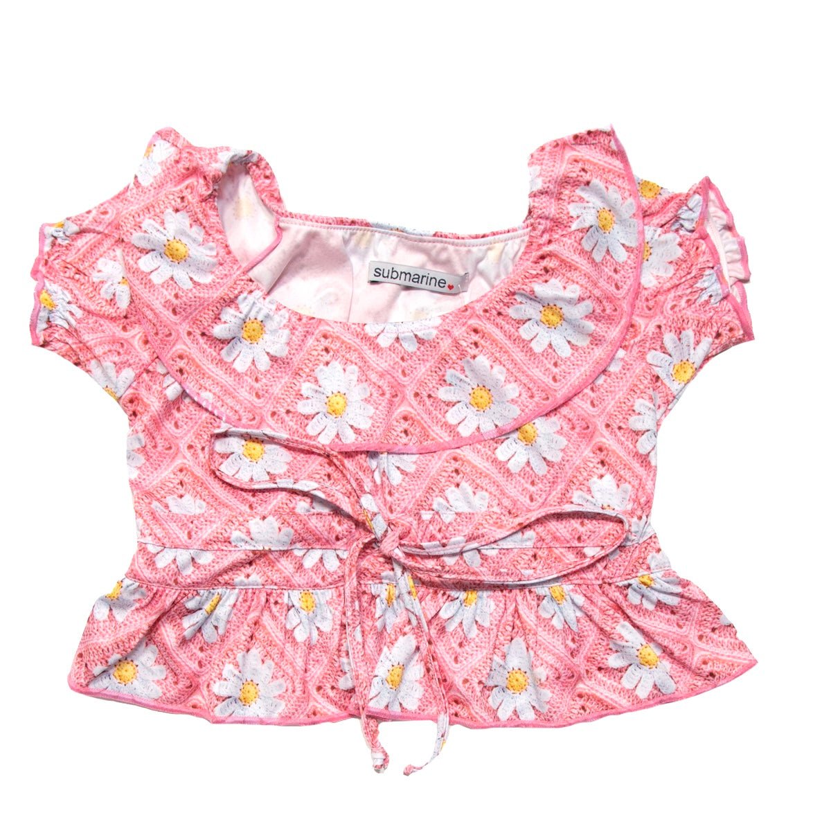 CROCHET FLOWER PRINT TIE FRONT TOP - SHORT SLEEVE TOPS