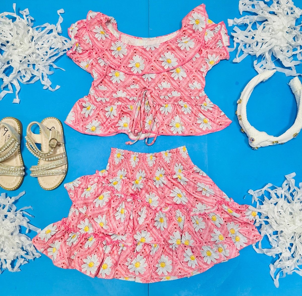 CROCHET FLOWER PRINT TIE FRONT TOP - SHORT SLEEVE TOPS