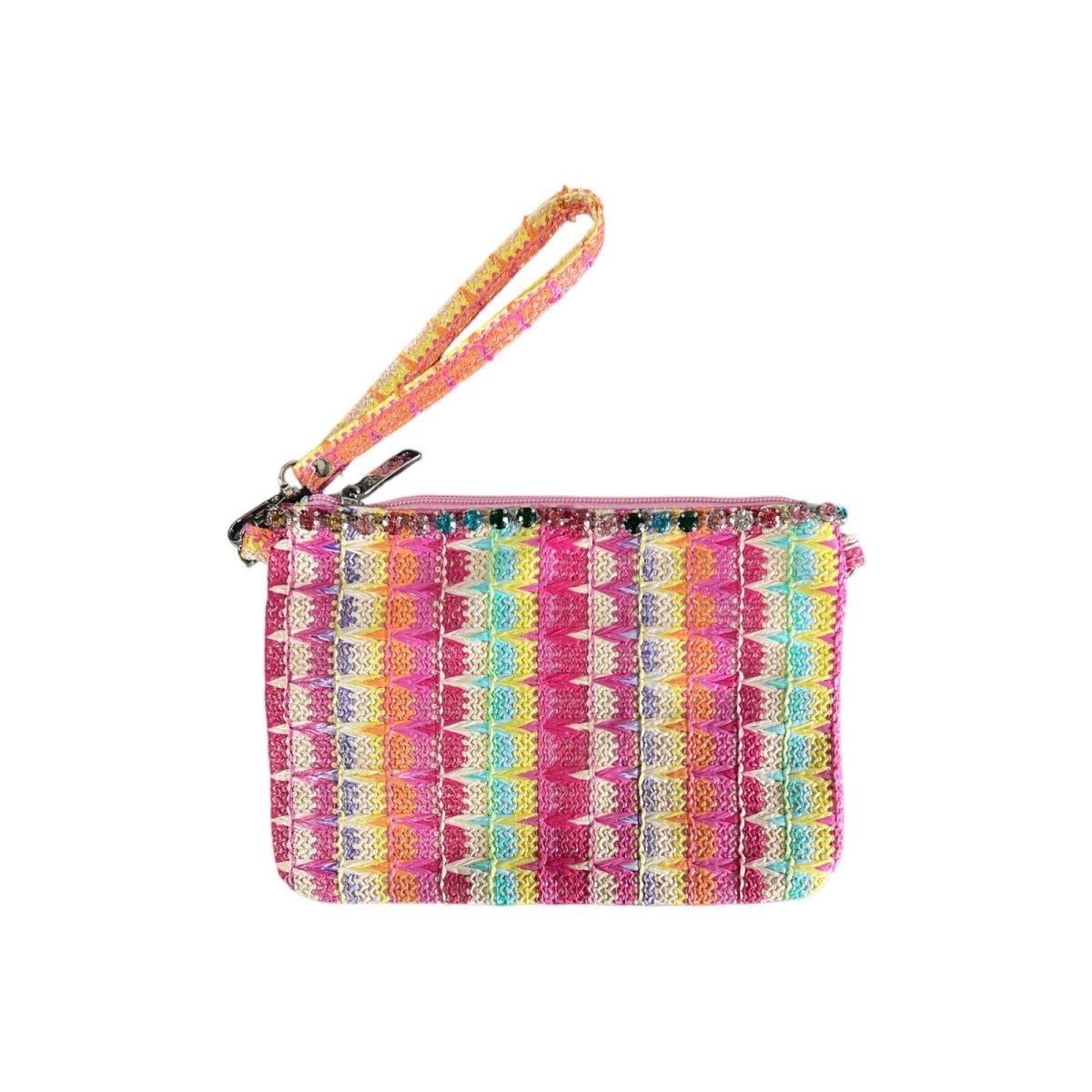 CRYSTAL JEWELED RAINBOW RAFFIA CLUTCH POUCH - PURSES