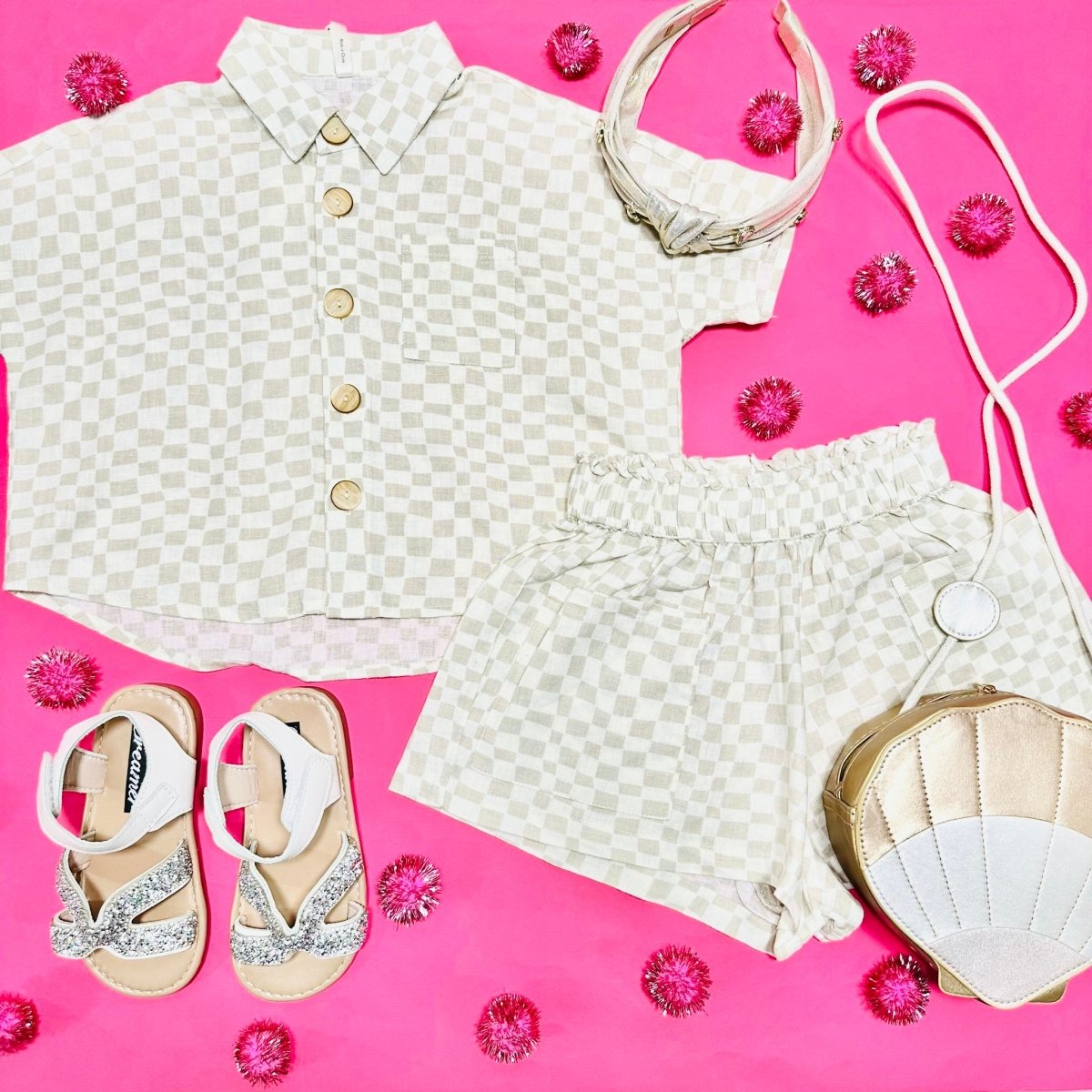 DOVE CHECK KELLI BUTTON DOWN AND SHORTS SET - SET