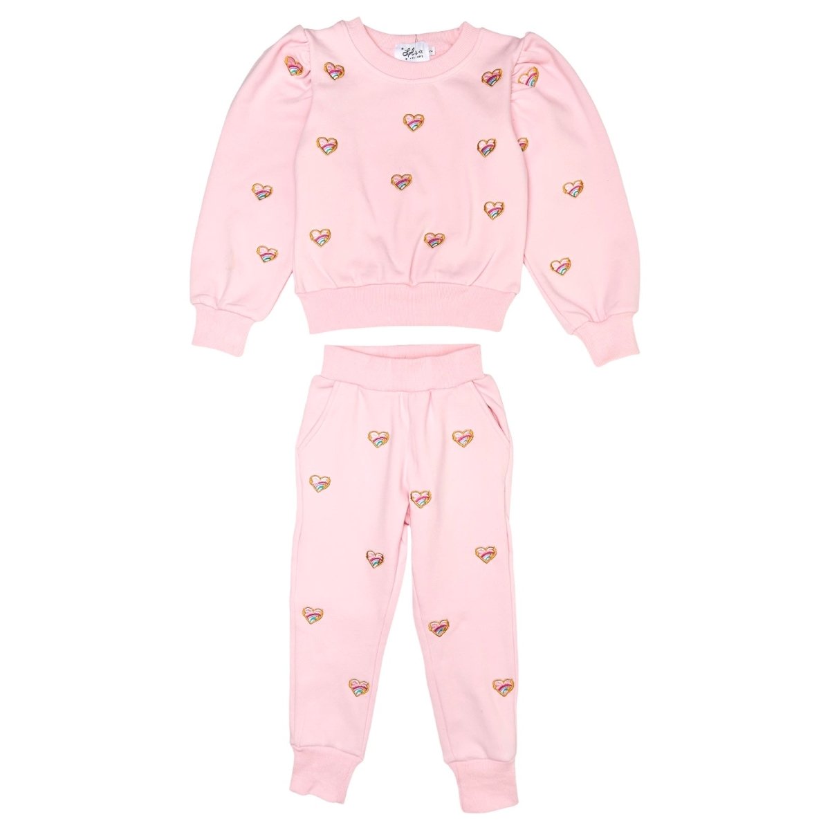 EMBROIDERED HEARTS PUFF SLEEVE SWEATSHIRT AND SWEATPANTS SET - LOLA AND THE BOYS