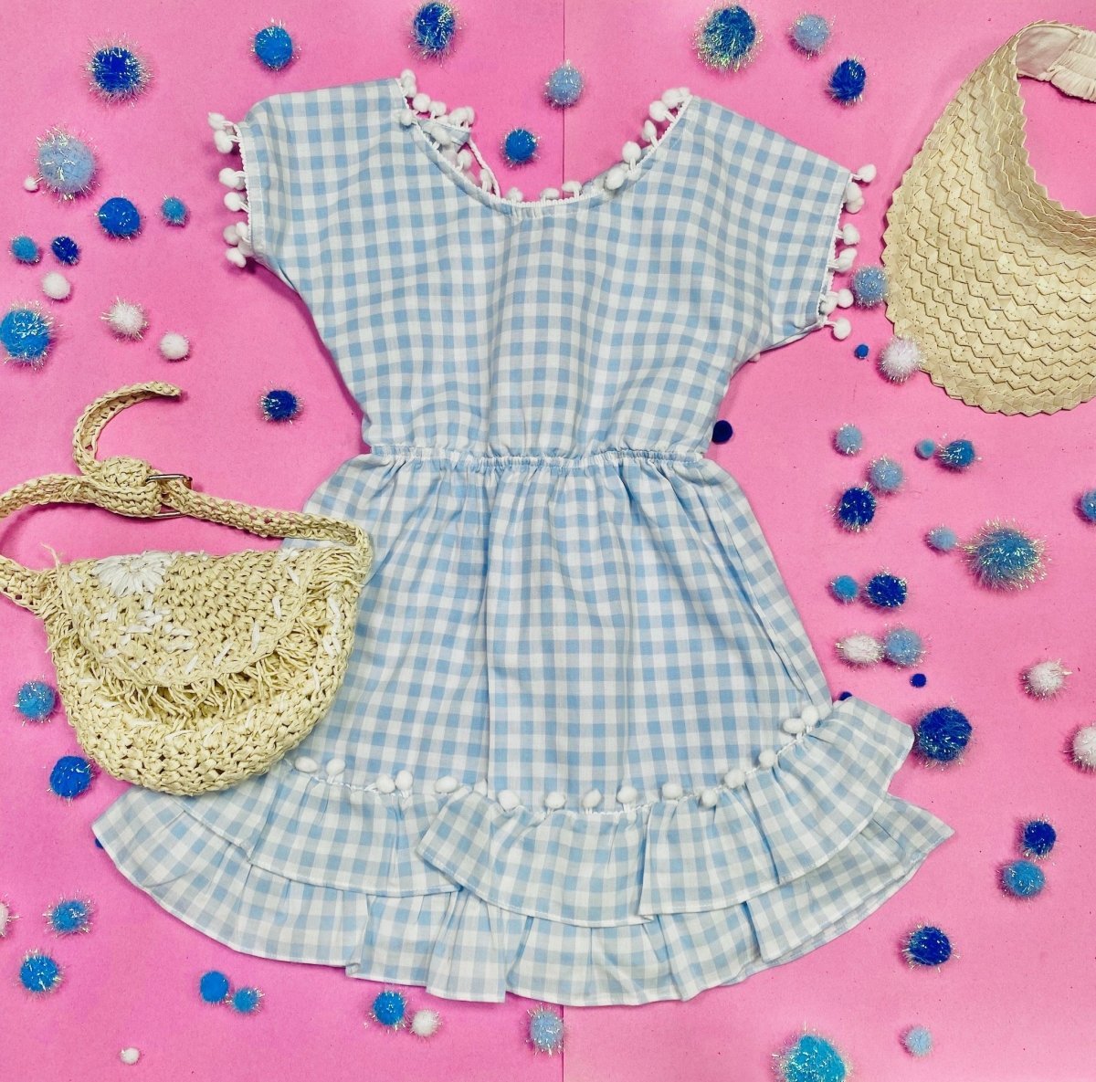 GINGHAM NISSI POM POM DRESS - DRESSES