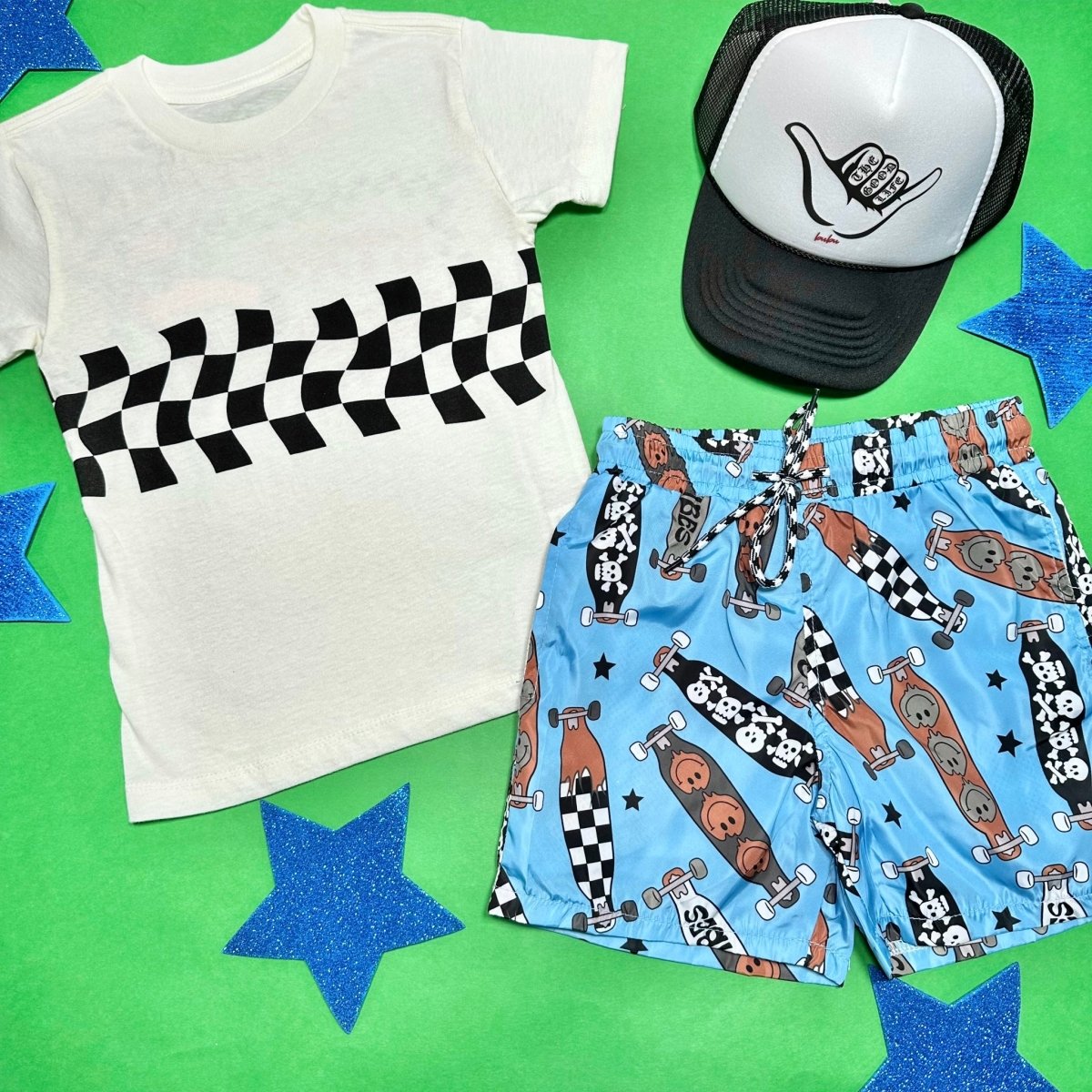 GOOD VIBES SKATEBOARDS SWIM TRUNKS - LOLA AND THE BOYS