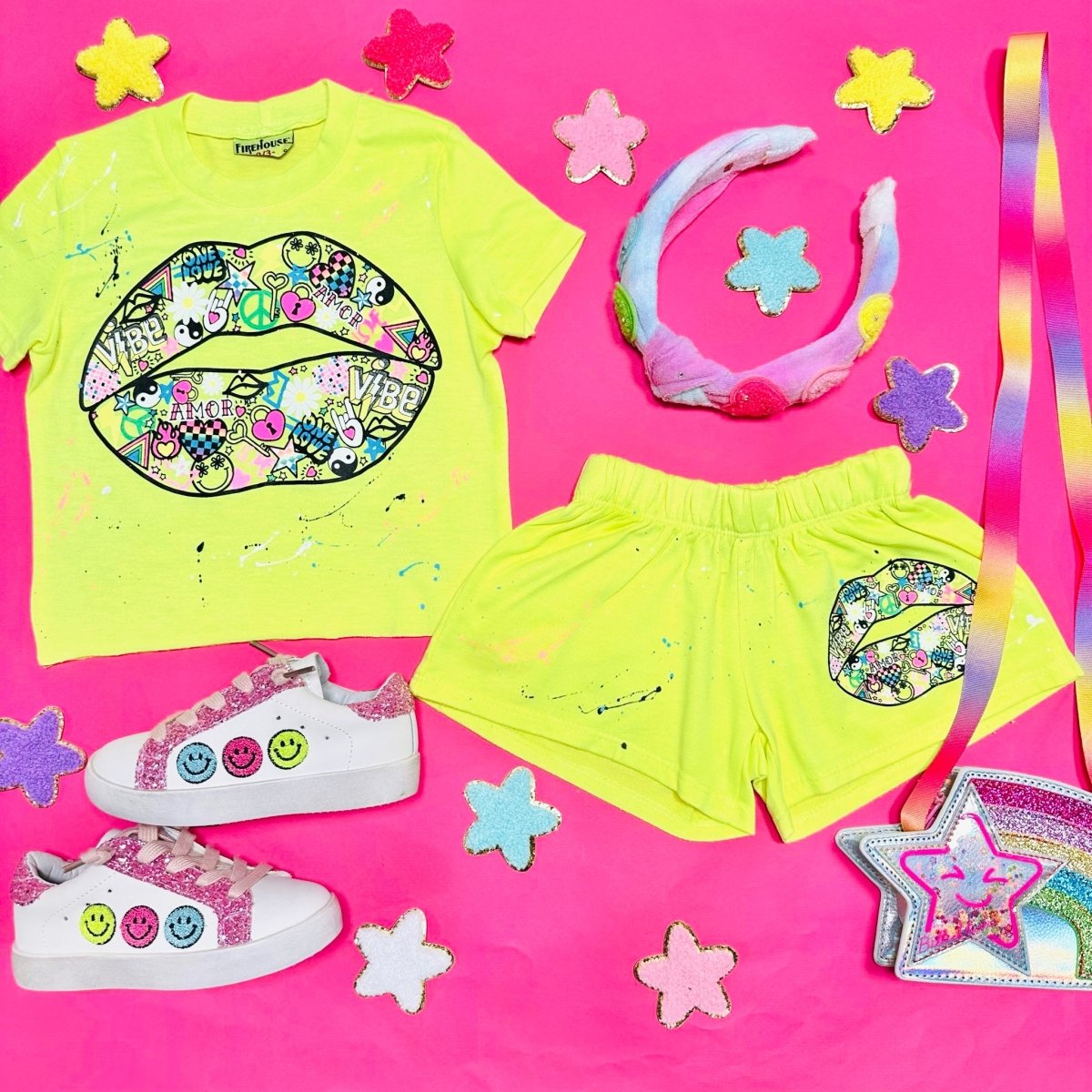 ICON LIPS PAINT SPLATTER NEON SHORTS - FIREHOUSE
