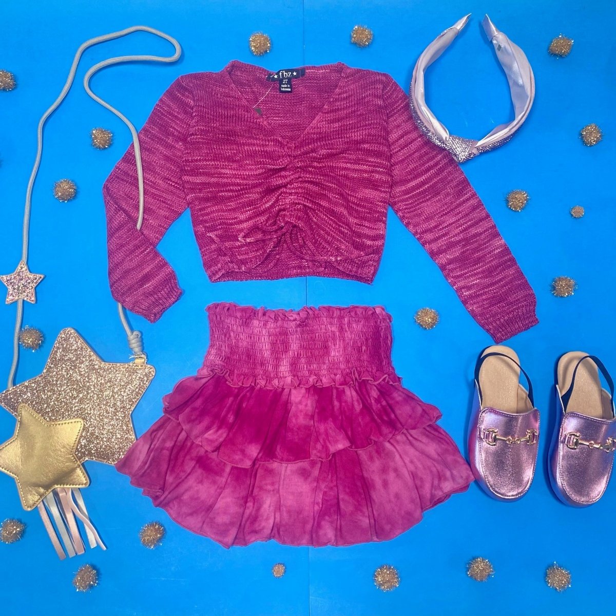 KNITTED LONG SLEEVE CROP TOP AND RUFFLE SKIRT SET - SET