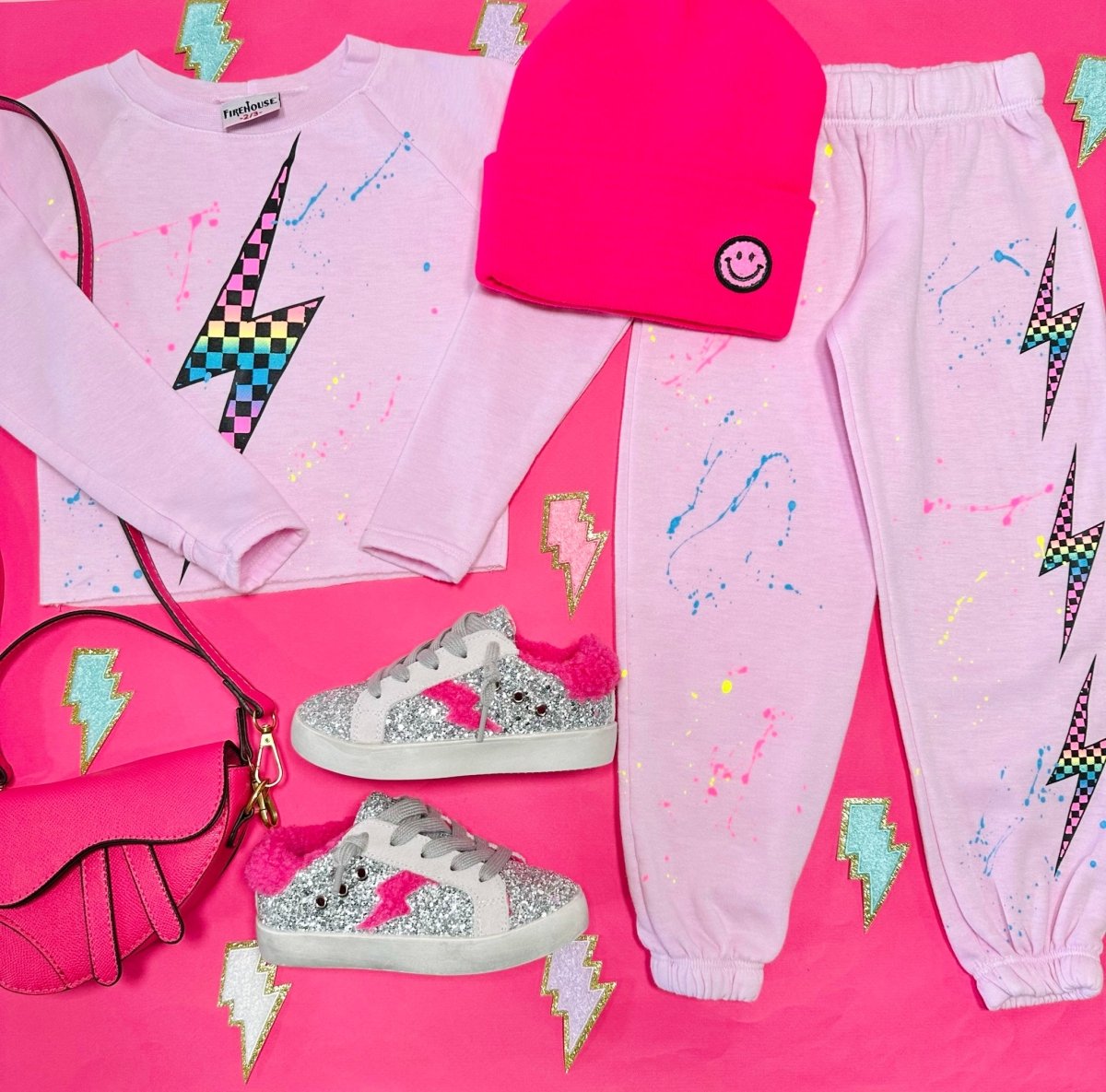 NEON CHECKERED LIGHTNING BOLT SPLATTER SWEATPANTS - FIREHOUSE