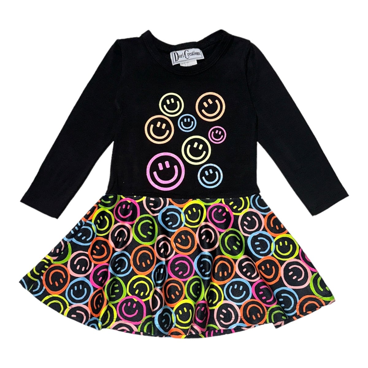 NEON SMILEY FACE RUFFLE LONG SLEEVE DRESS - DRESSES