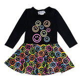 NEON SMILEY FACE RUFFLE LONG SLEEVE DRESS - DRESSES