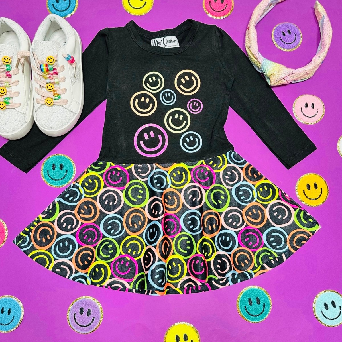 NEON SMILEY FACE RUFFLE LONG SLEEVE DRESS - DRESSES