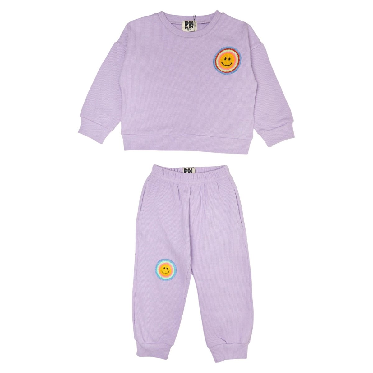 NEON SMILEY FACE SWEATSHIRT AND SWEATPANTS WAFFLE SET - PETITE HAILEY