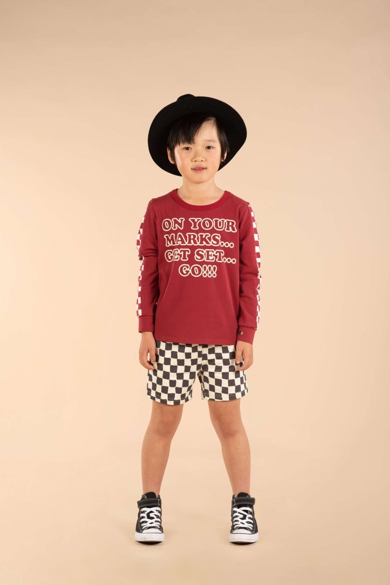 ON YOUR MARKS CHECKERED LONG SLEEVE TSHIRT - LONG SLEEVE TOPS