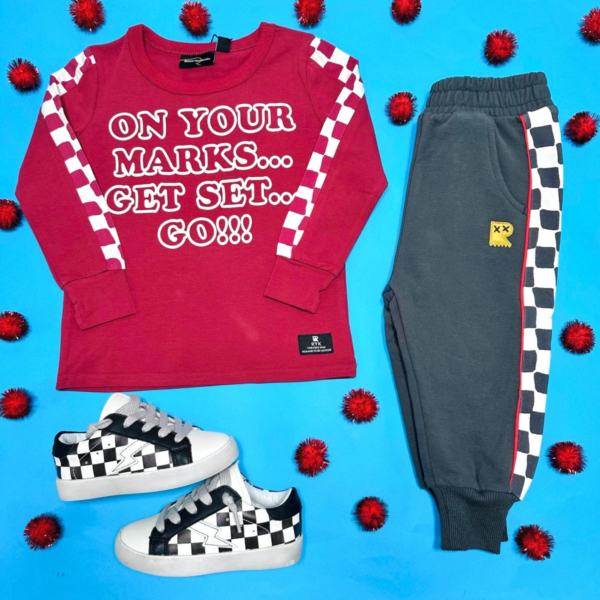 ON YOUR MARKS CHECKERED LONG SLEEVE TSHIRT - ROCK YOUR BABY