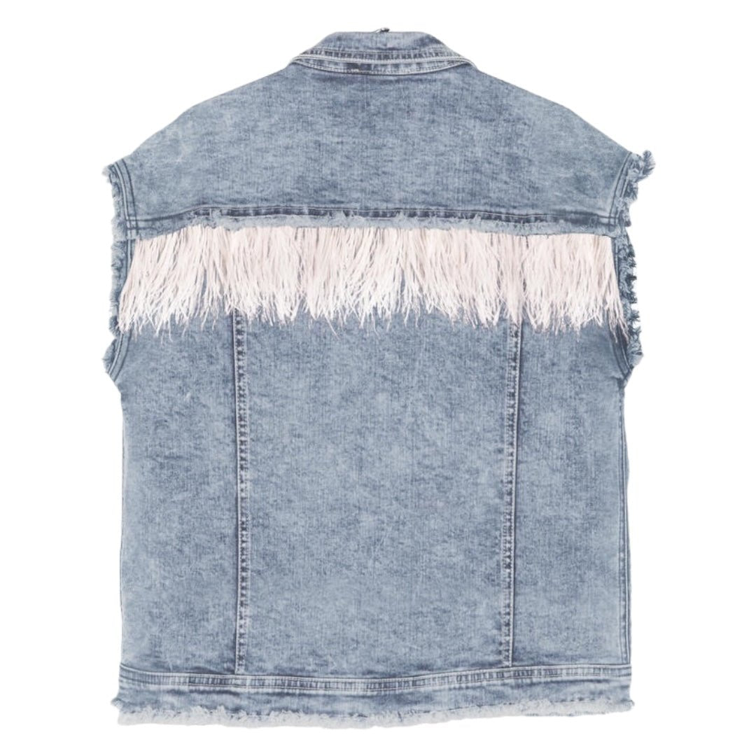 OVERSIZED FEATHER TRIMMED DENIM VEST - VESTS