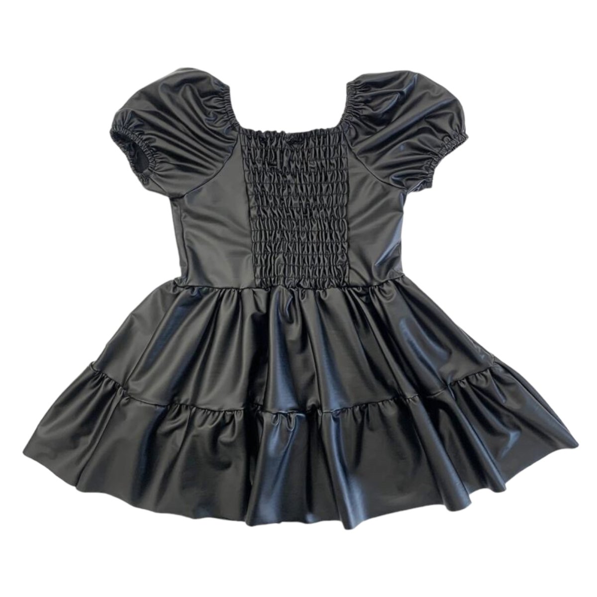 PLEATHER PUFF SHOULDER RUFFLE DRESS - DRESSES