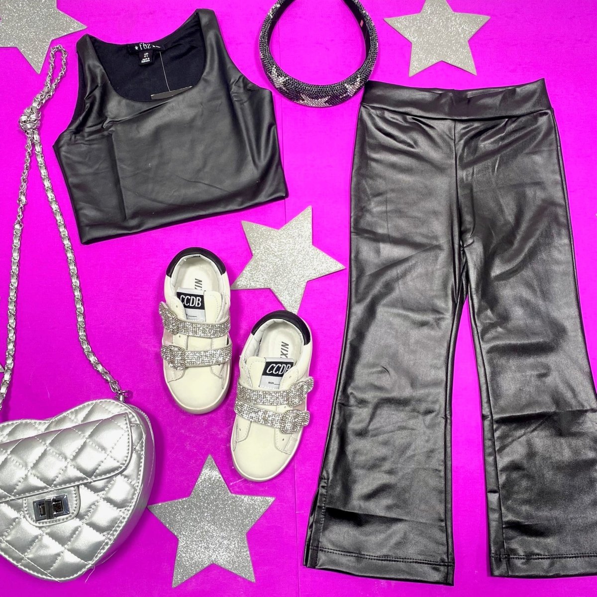 PLEATHER TANK TOP AND FLARE PLEATHER PANTS SET - SET