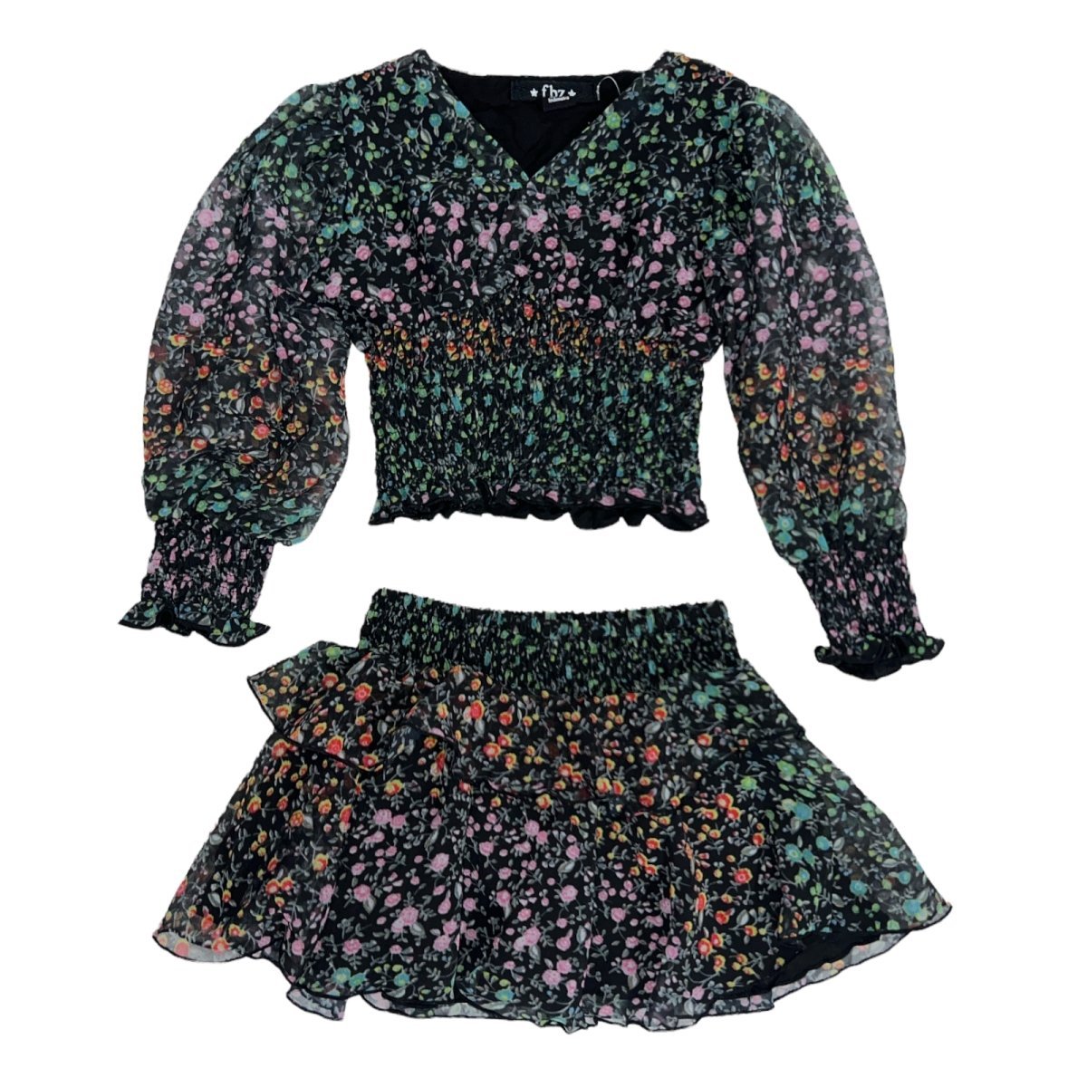 RAINBOW FLORAL BLOUSE AND RUFFLE SKIRT SET - SET