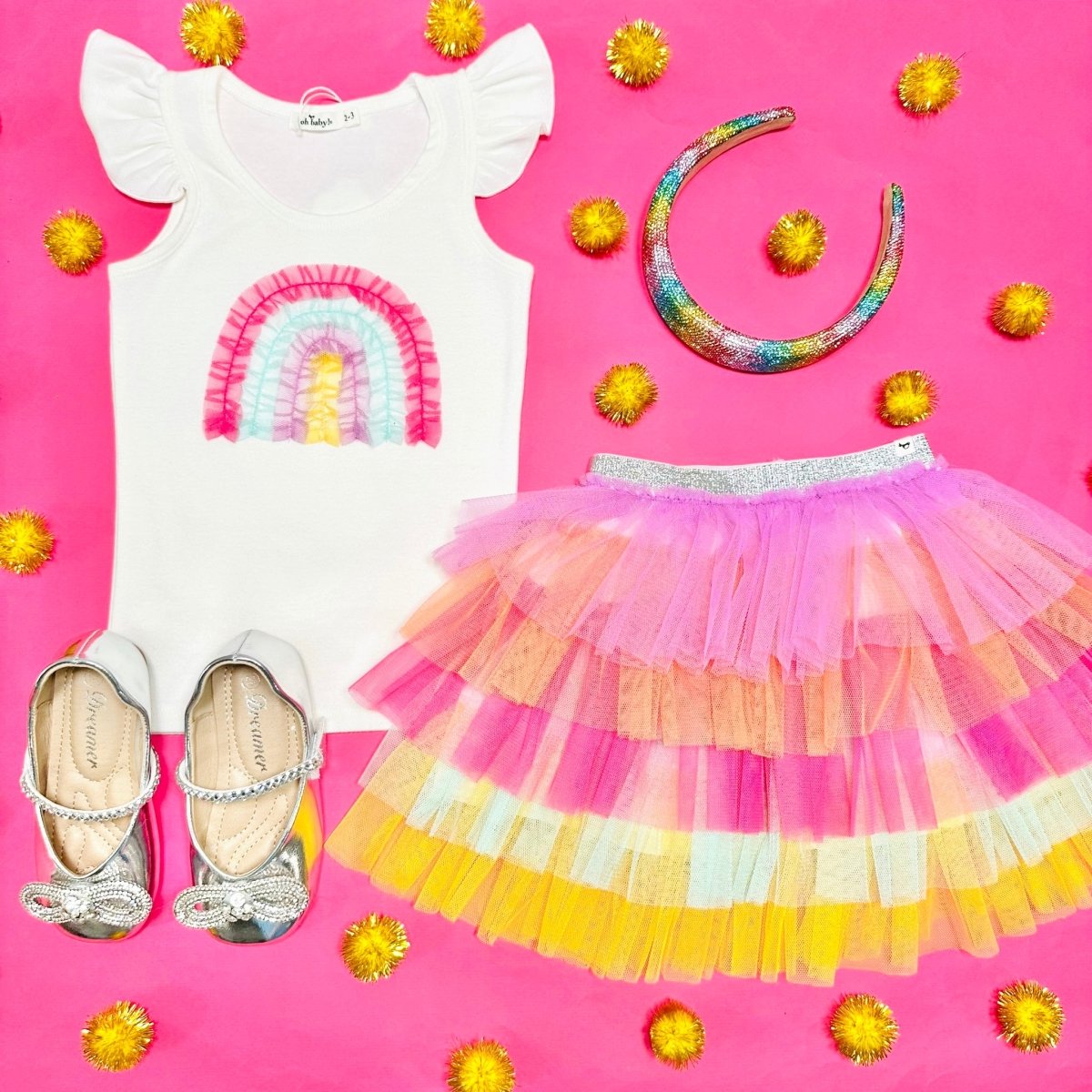 RUFFLE RAINBOW TANK TOP AND TUTU LAYERED SKIRT SET - OH BABY!