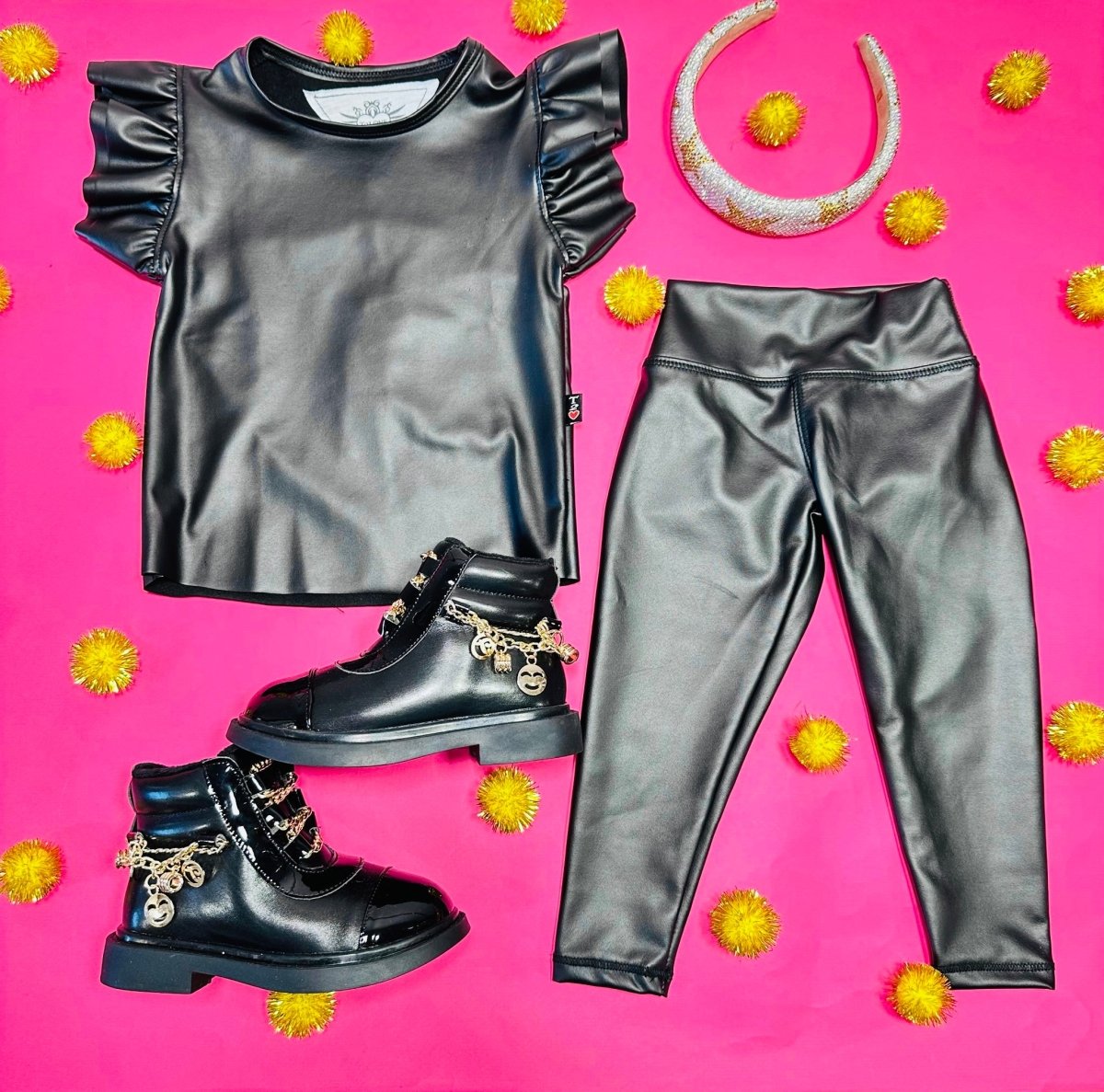 RUFFLE SLEEVE FAUX LEATHER TOP - SHORT SLEEVE TOPS