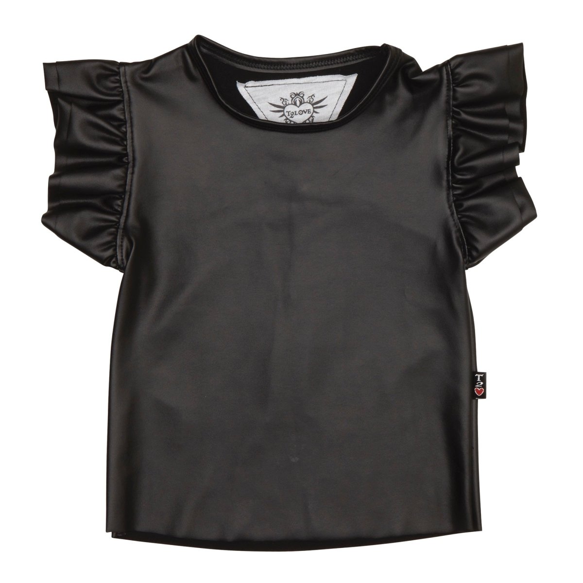 RUFFLE SLEEVE FAUX LEATHER TOP - SHORT SLEEVE TOPS