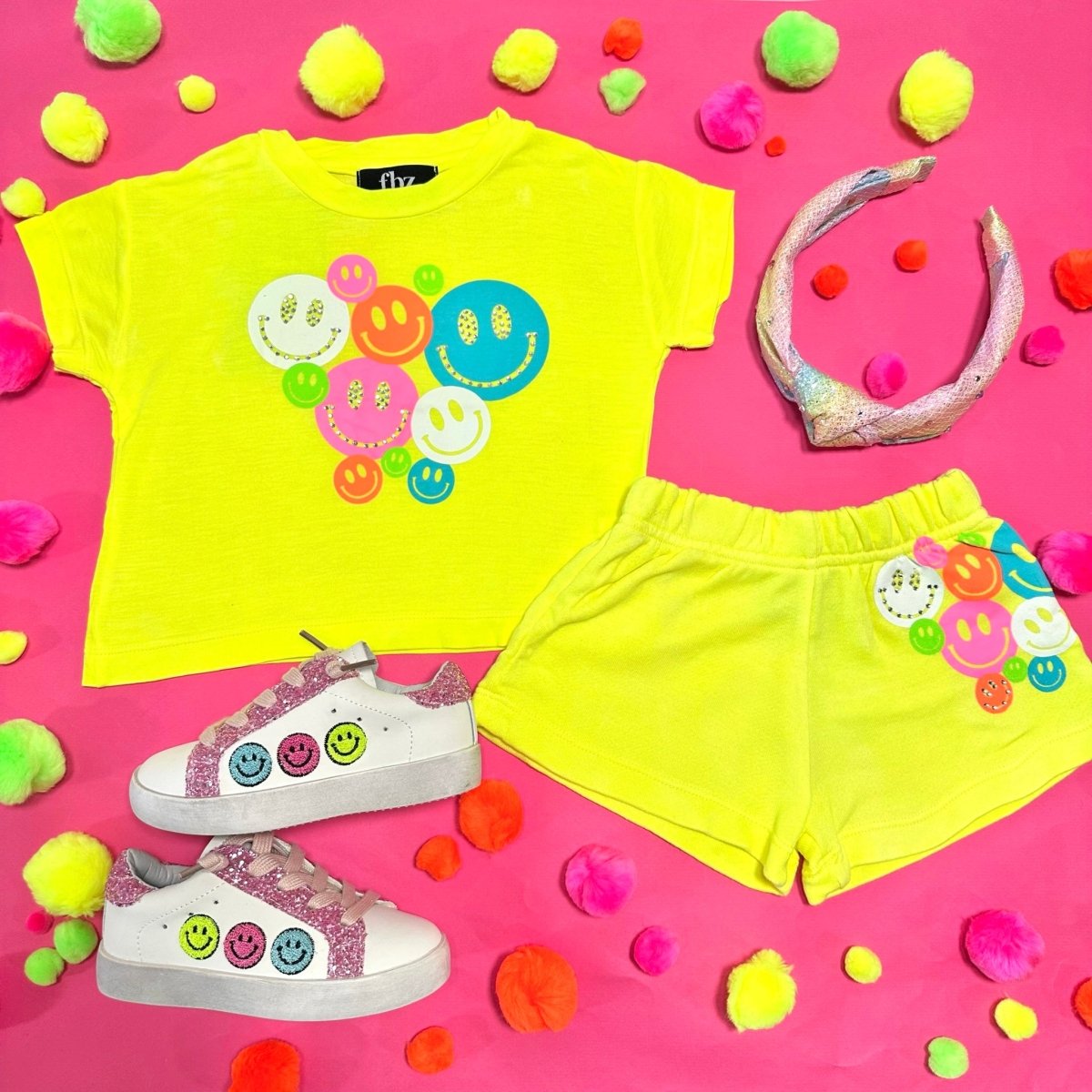 SMILEY FACE & CRYSTALS NEON SHORTS - FLOWERS BY ZOE