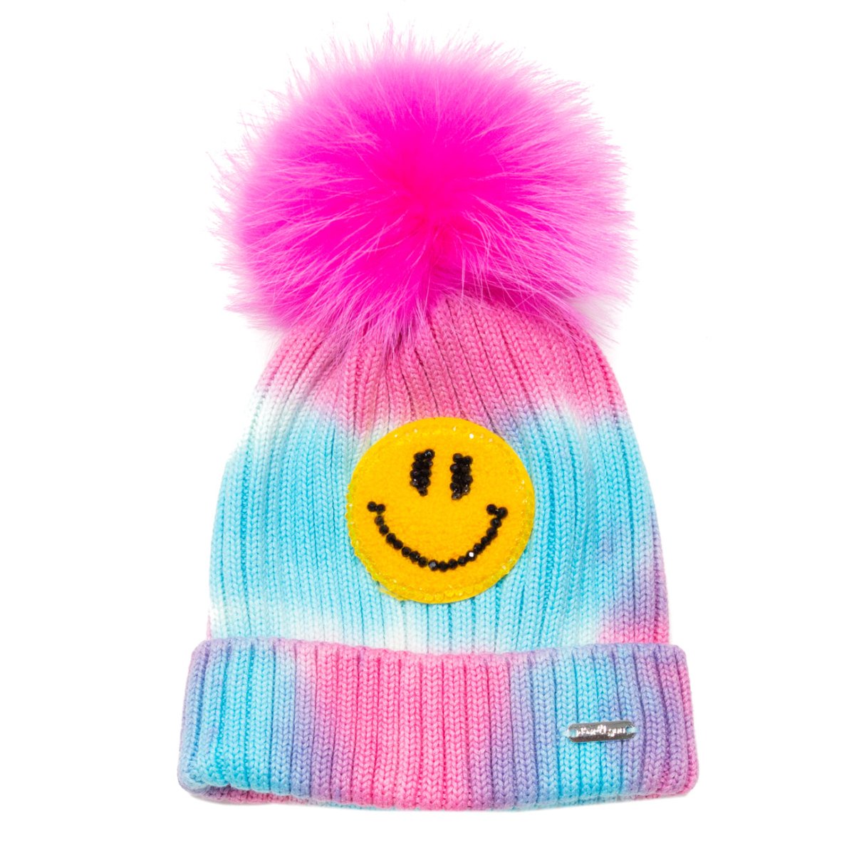 SMILEY FACE PATCH POM TIE DYE BEANIE - BARI LYNN
