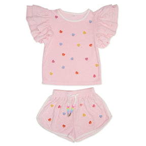 CANDY HEART RUFFLE SLEEVE TOP AND SHORTS SET