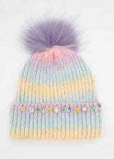 JEWELED CHARM POM POM RAINBOW BEANIE (PREORDER)