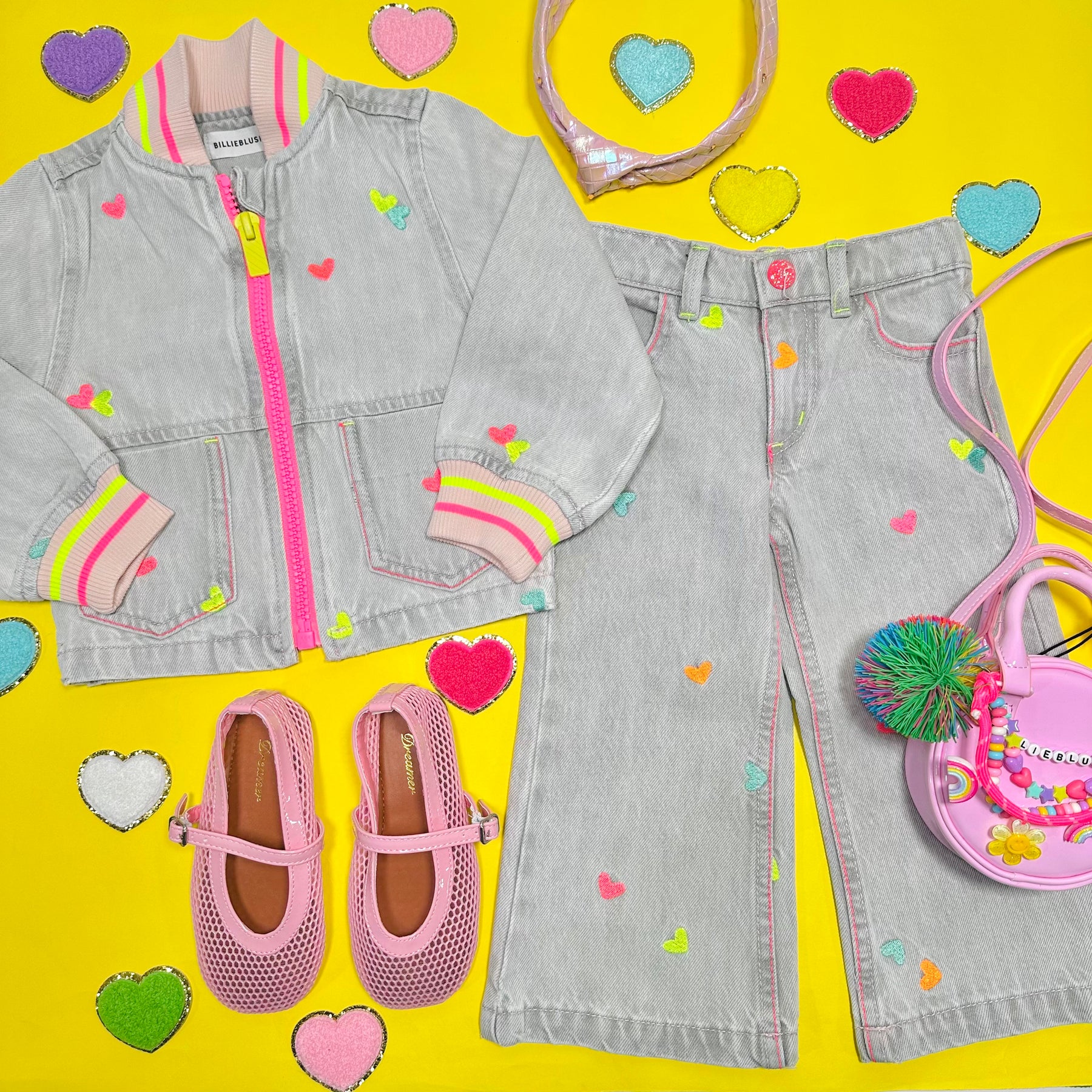 NEON EMBROIDERED HEART DENIM BOMBER JACKET