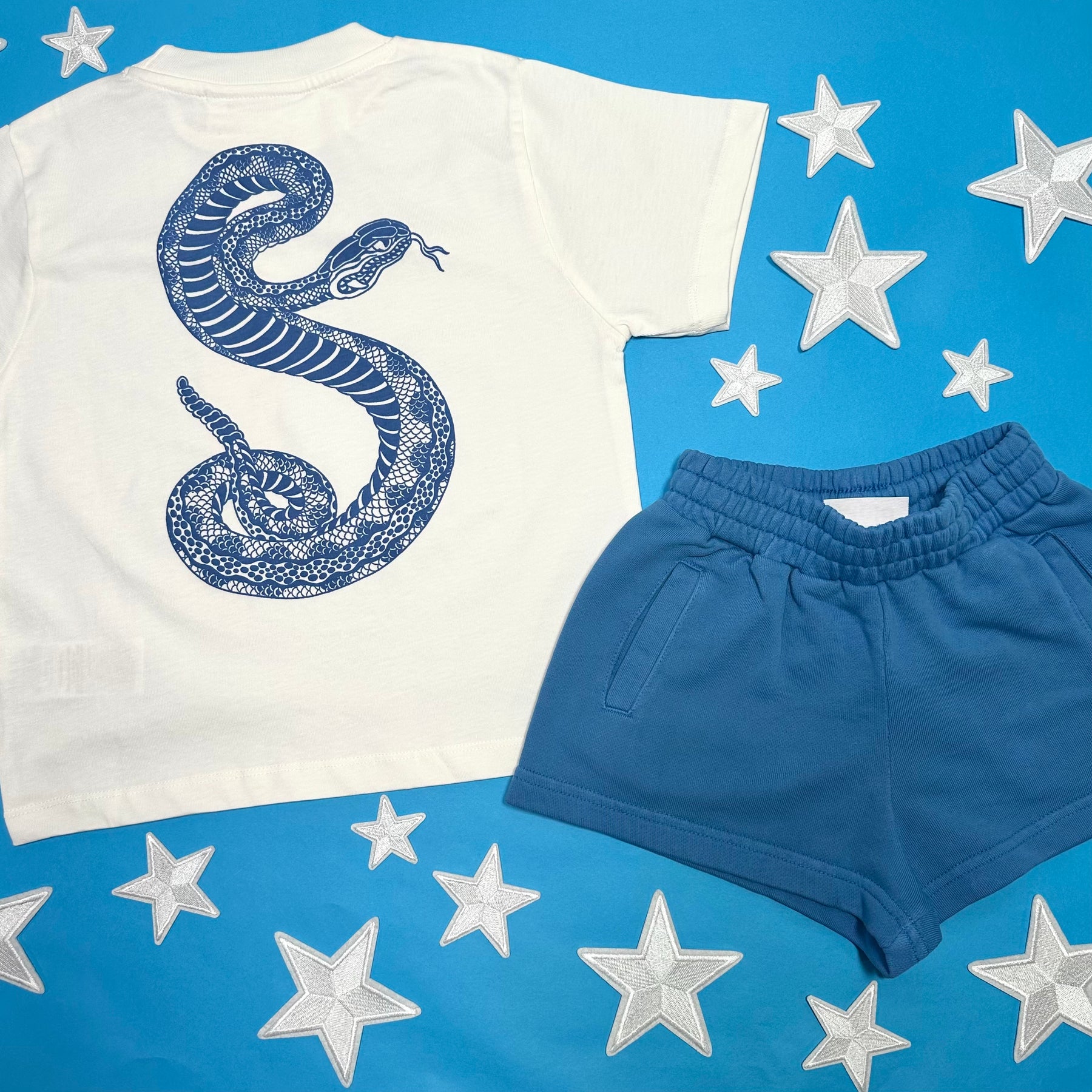 ADOR SNAKE EMBROIDERED SWELL BLUE SHORTS
