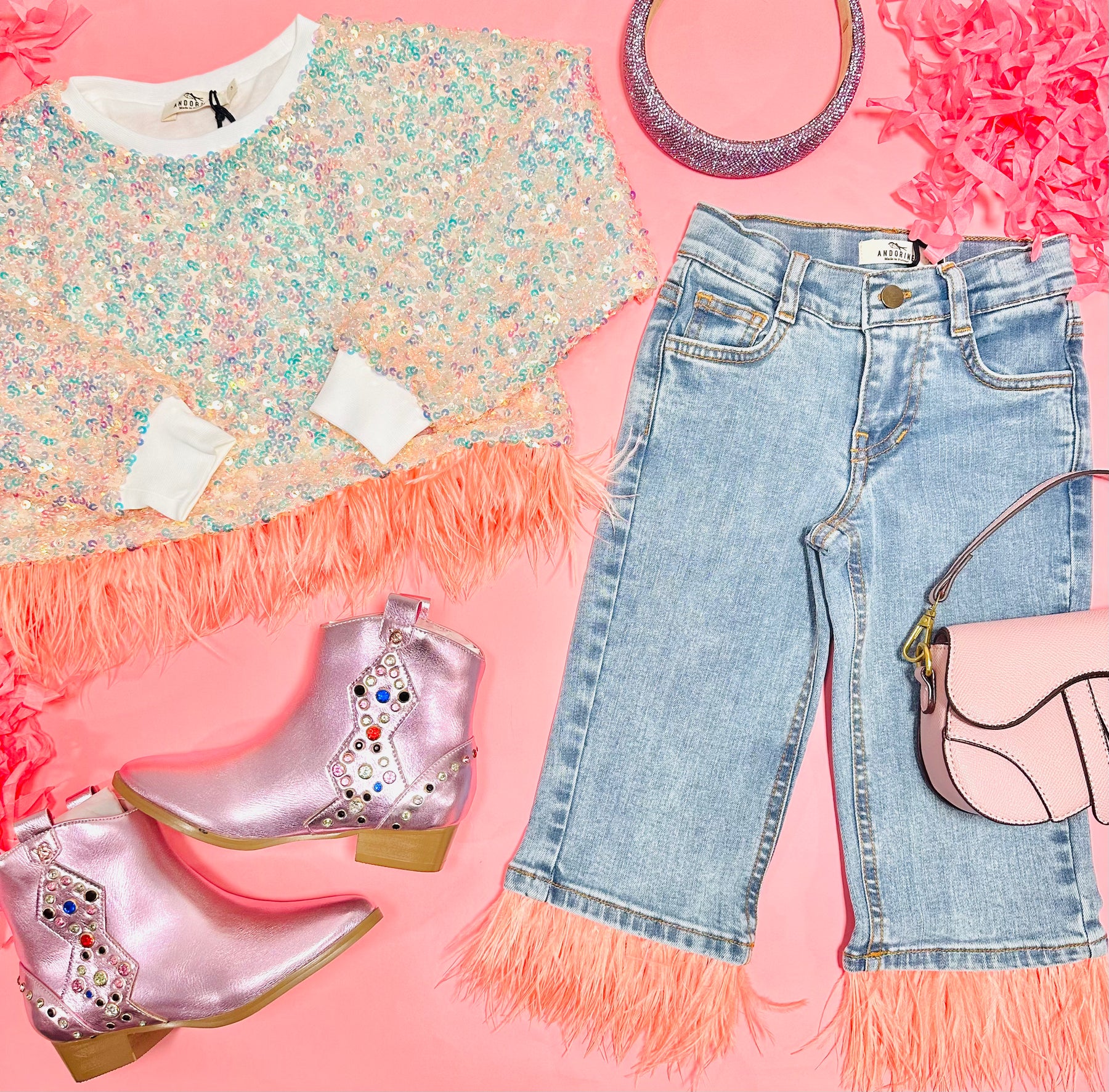 DENIM PANTS W/ FEATHER TRIM