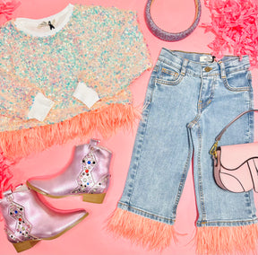DENIM PANTS W/ FEATHER TRIM