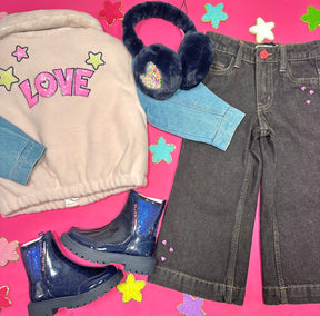 EMBROIDERED HEARTS DENIM WIDE LEG PANTS