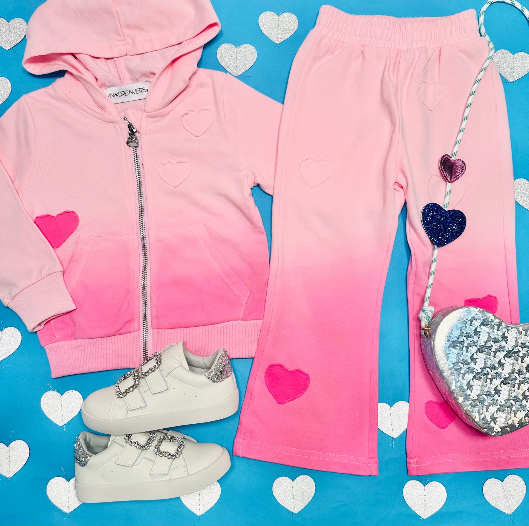 BRYNN HEART PATCH DIP DYE ZIP UP HOODIE AND WIDE LEG SWEATPANTS SET