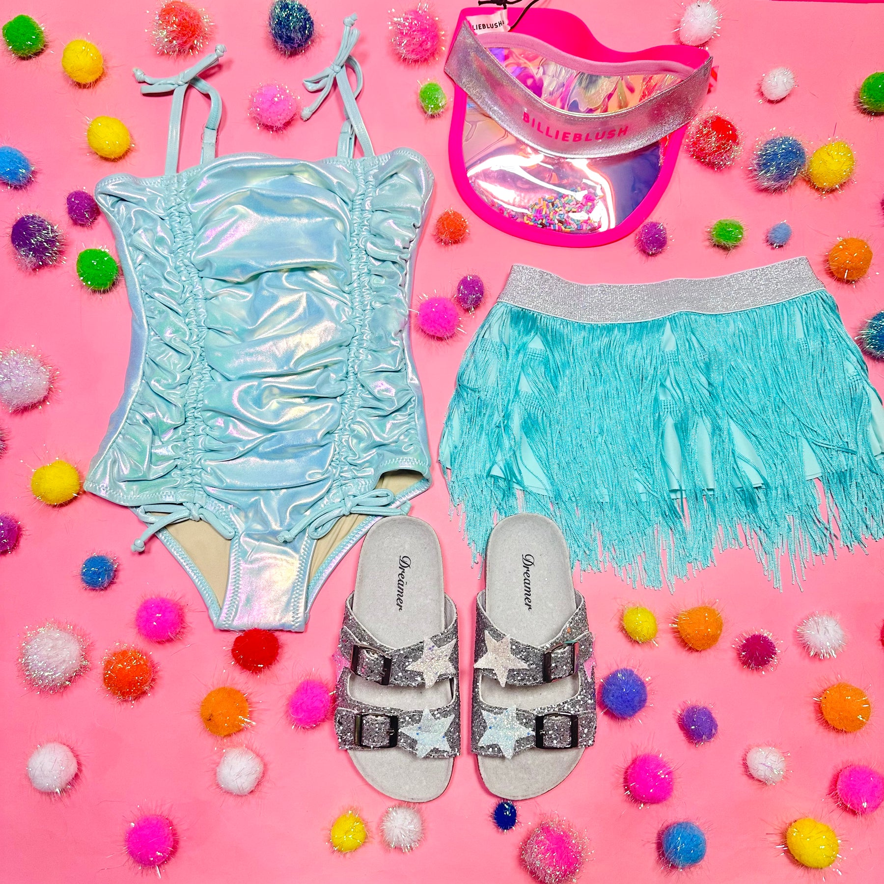 METALLIC MINT ONE PIECE SWIMSUIT W/ FRINGE SKIRT