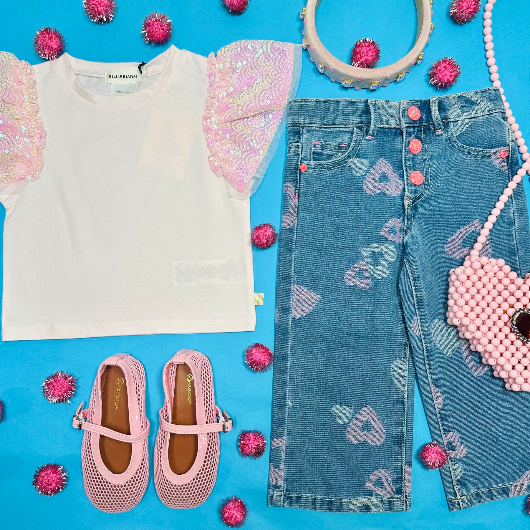 HEART PRINT DENIM PANTS