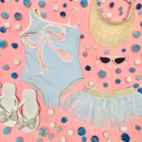 BOW FLIP SEQUIN ONE PIECE SWIMSUIT W/ TUTU SKIRT SET