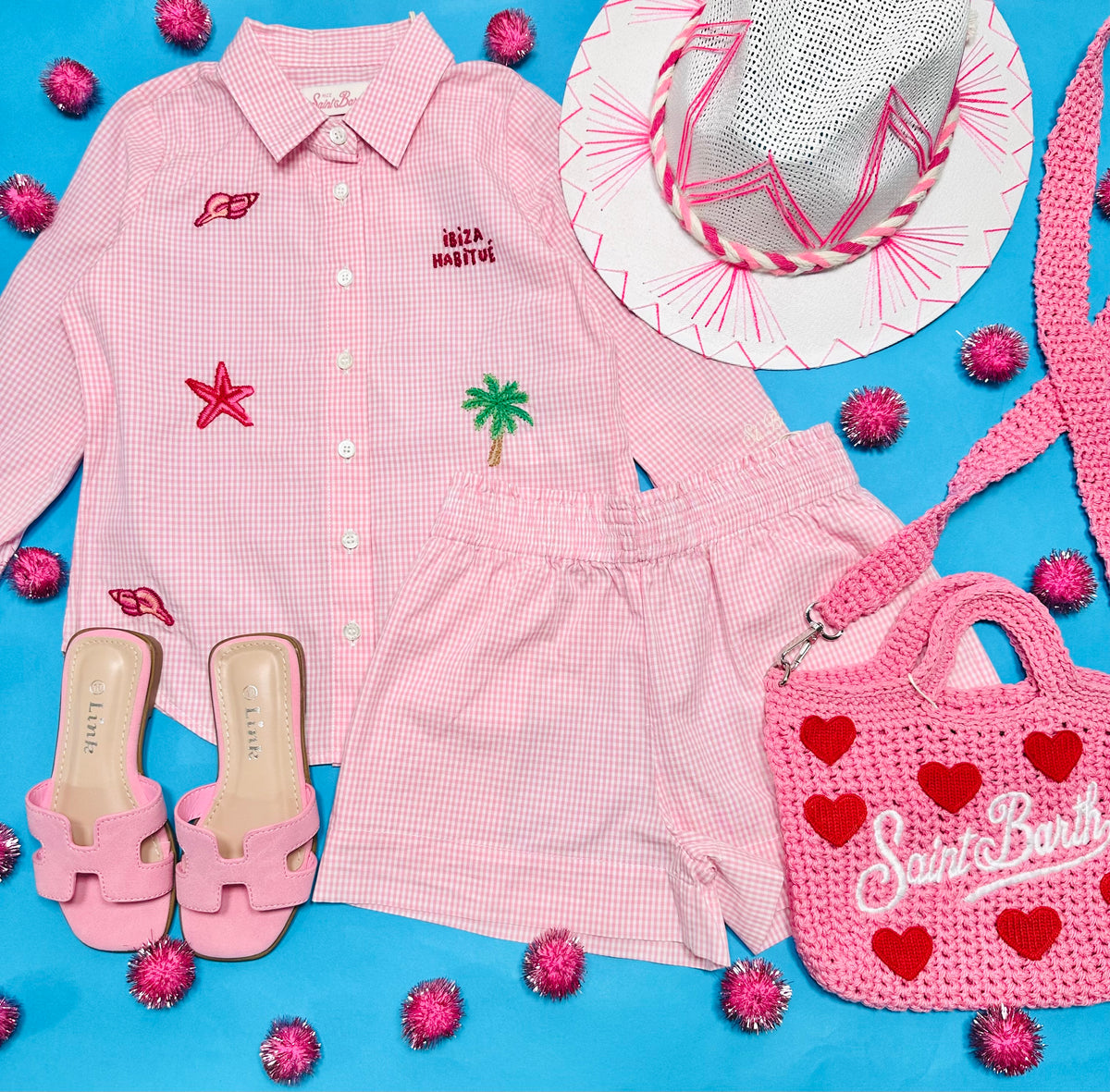 EMBROIDERED BEACH ICONS MINI BRIGETTE GINGHAM BUTTON DOWN BEACH TOP