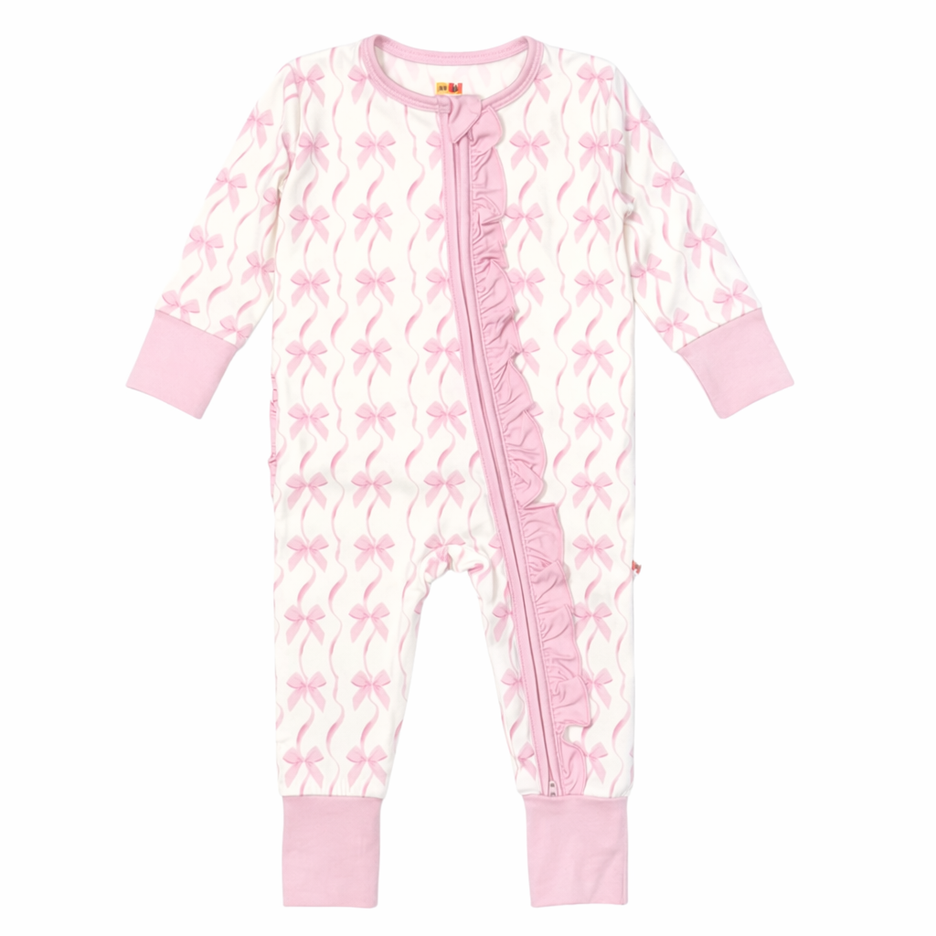BOWS BAMBOO ZIPPER ROMPER W/ RUFFLES ON BACK