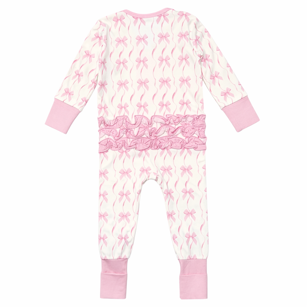 BOWS BAMBOO ZIPPER ROMPER W/ RUFFLES ON BACK