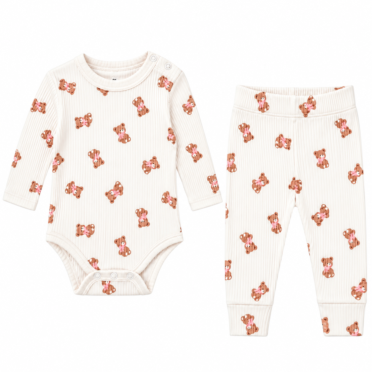 PINK BEAR RIBBED LONG SLEEVE ONESIE AND LEGGINGS SET