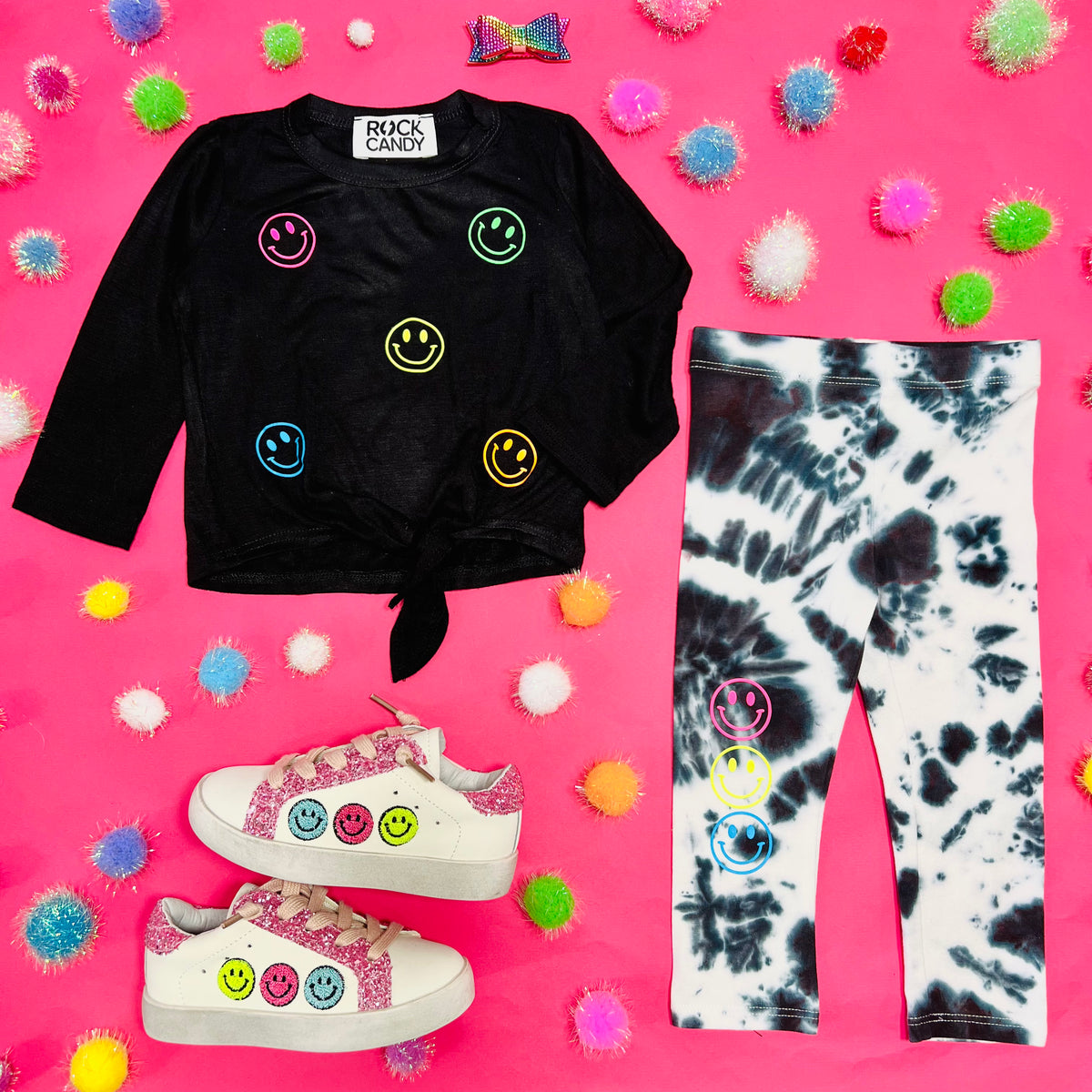 NEON SMILEY FACE LONG SLEEVE TOP AND TIE DYE LEGGINGS SET